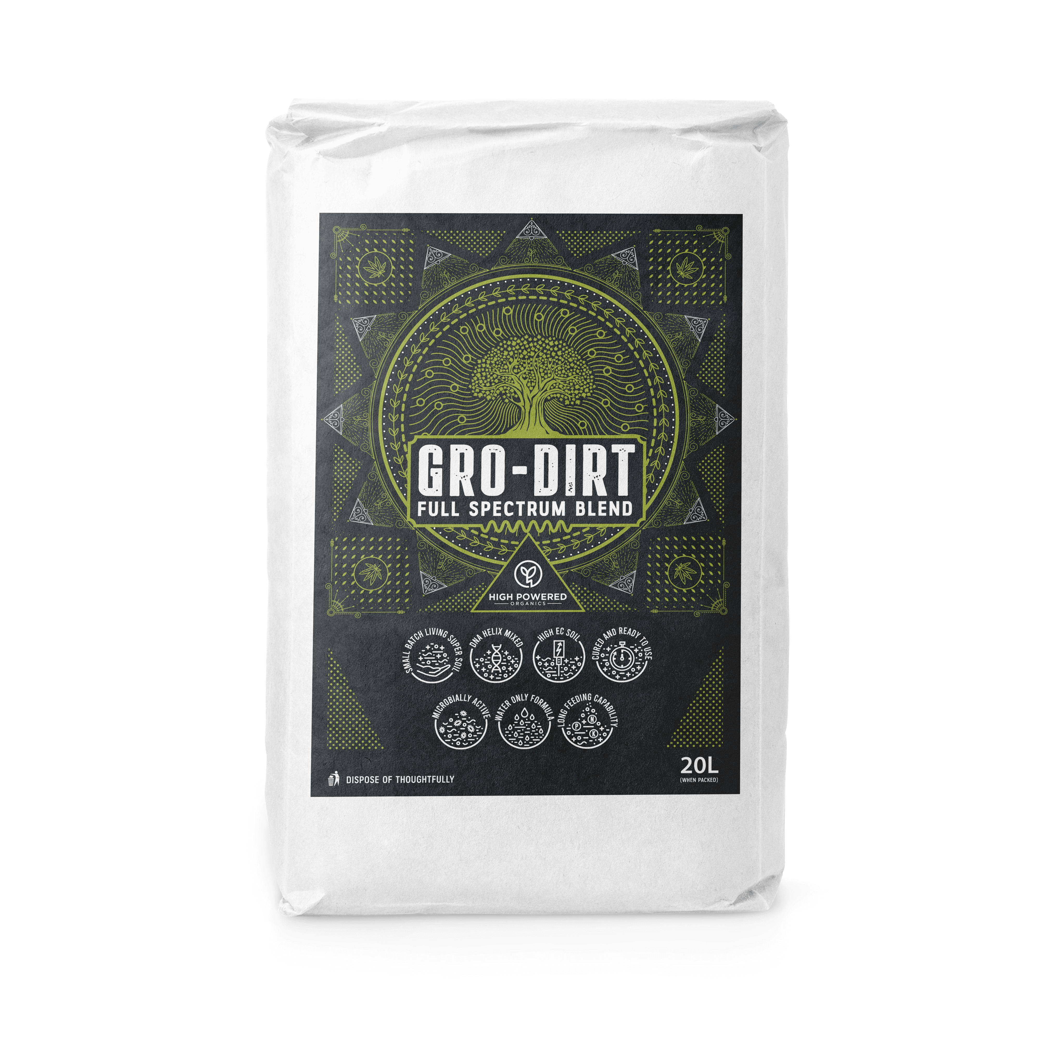 A 20L bag of GRO-DIRT Full Spectrum on a transparent background.