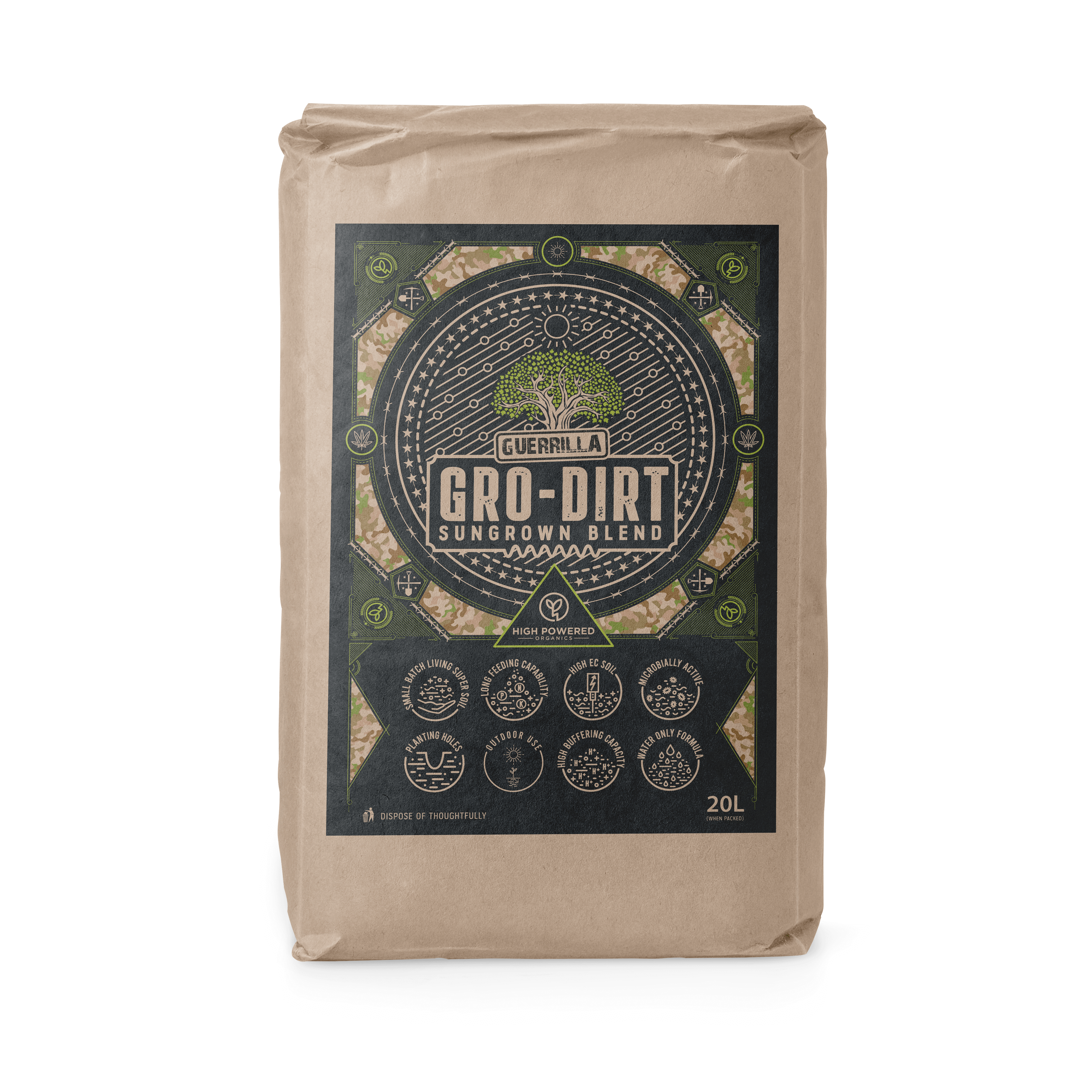 A 20L bag of GRO-DIRT Guerrilla on a transparent background.
