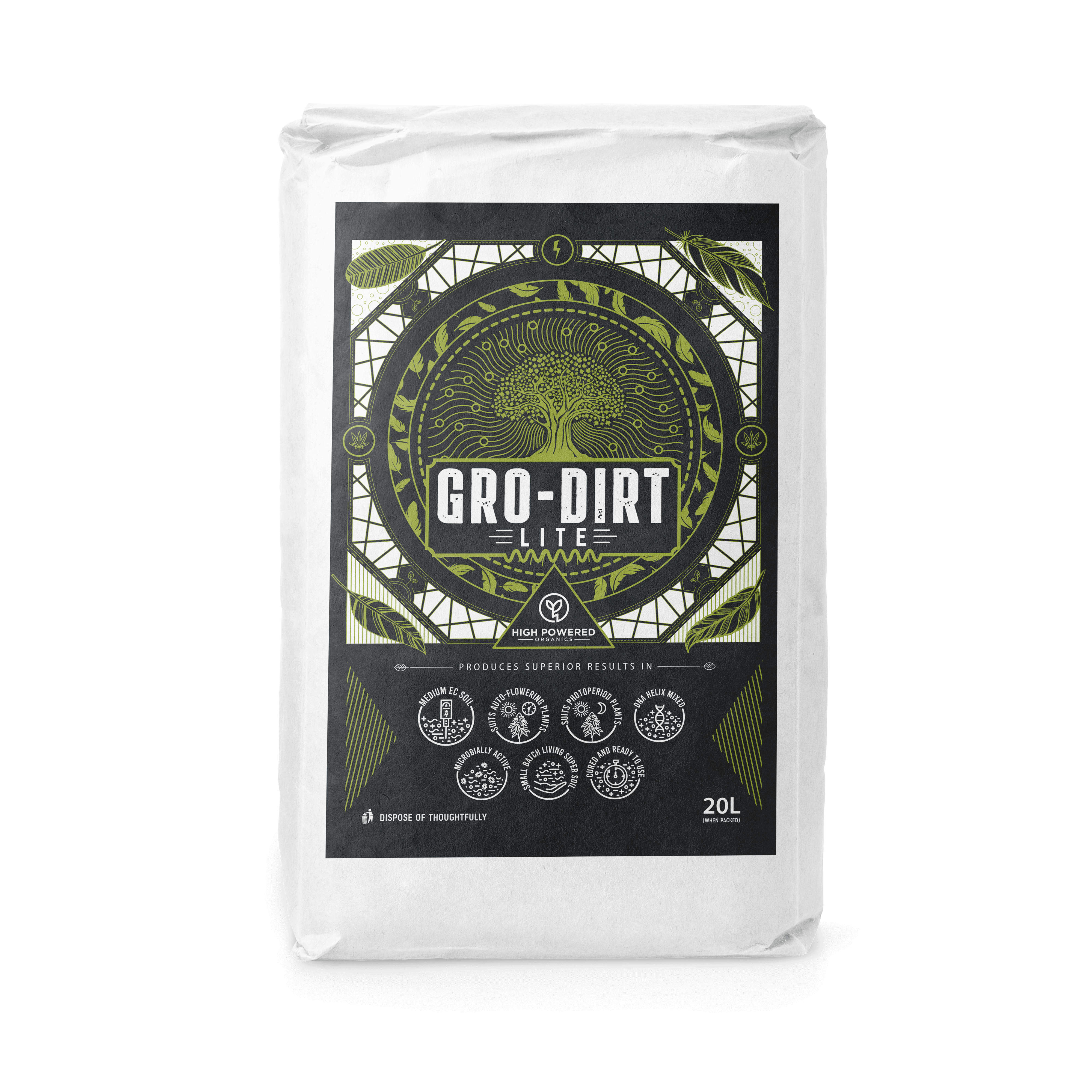 A 20L bag of GRO-DIRT Lite on a transparent background.