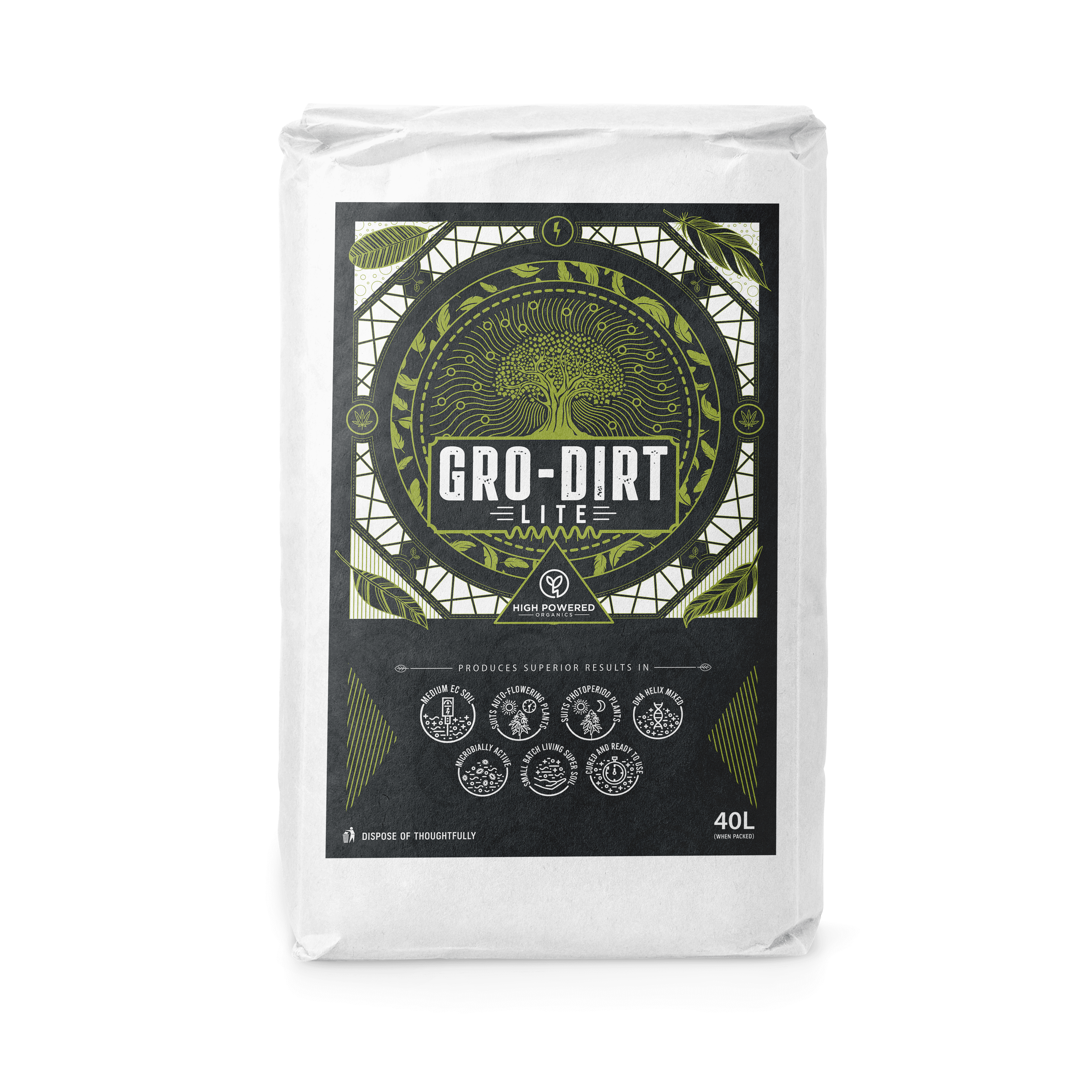 A 40L bag of GRO-DIRT Lite on a transparent background.