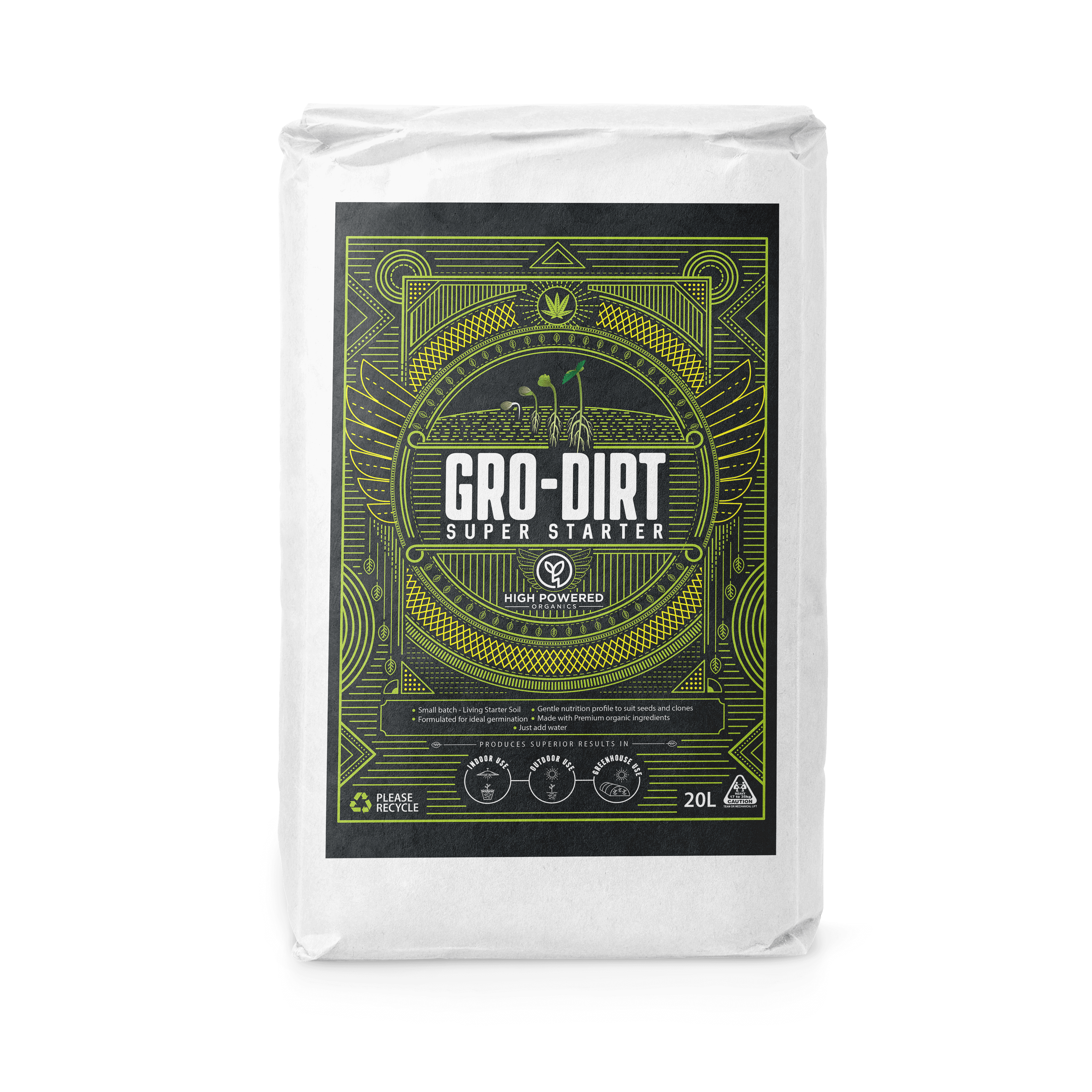 A 20L bag of GRO-DIRT Super Starter on a transparent background.