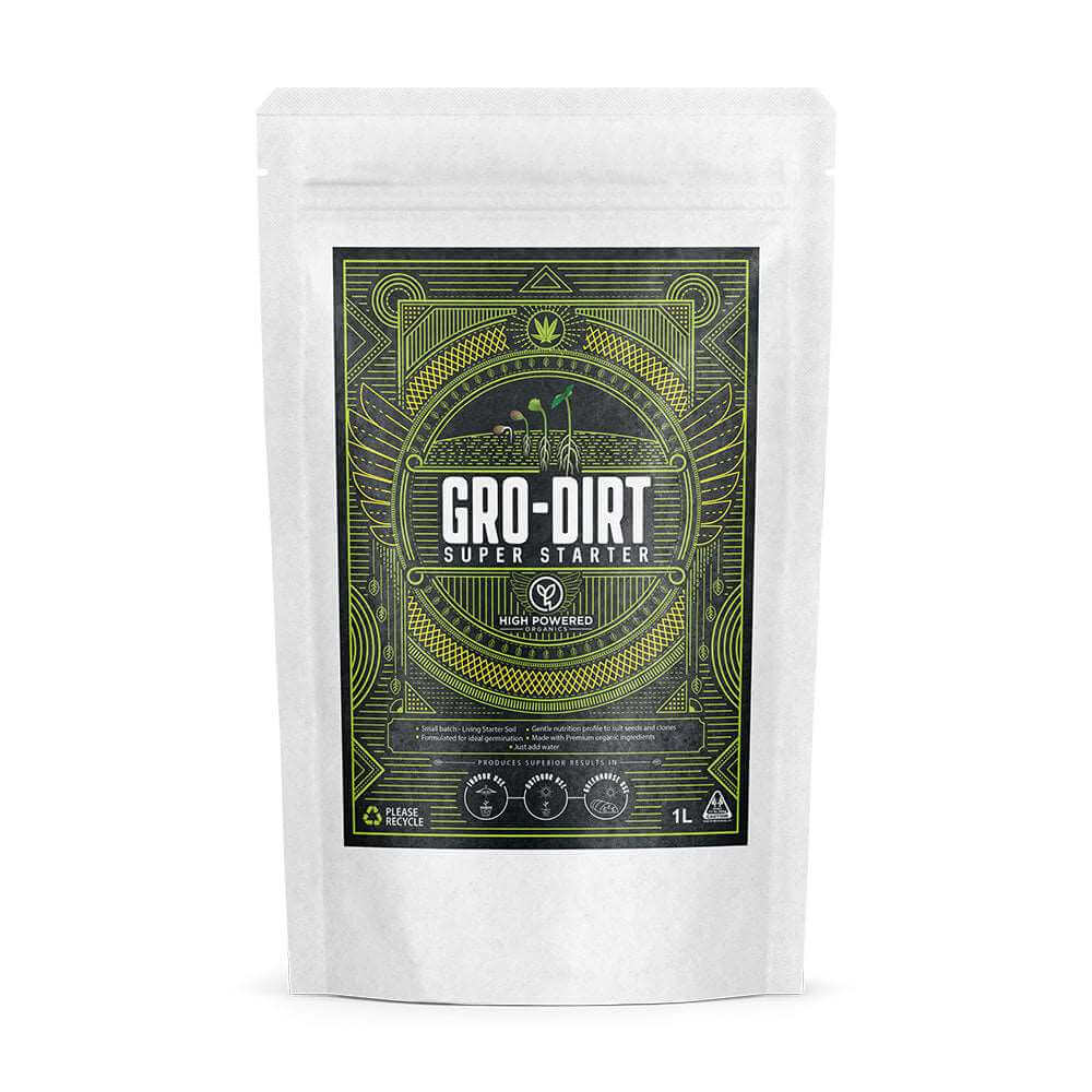 A 1L bag of GRO-DIRT Super Starter on a white background.