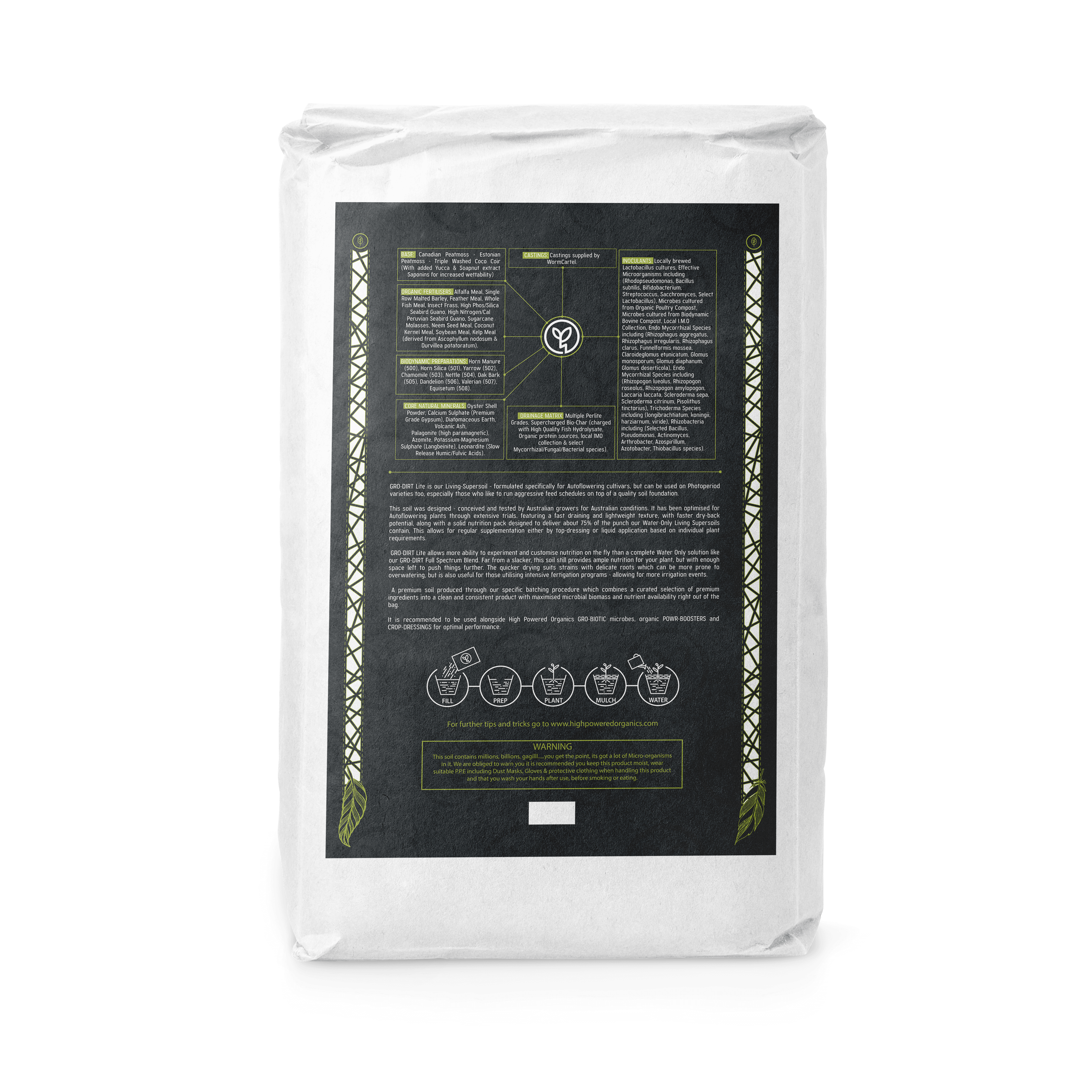 The back of a 40L bag of GRO-DIRT Lite on a transparent background.