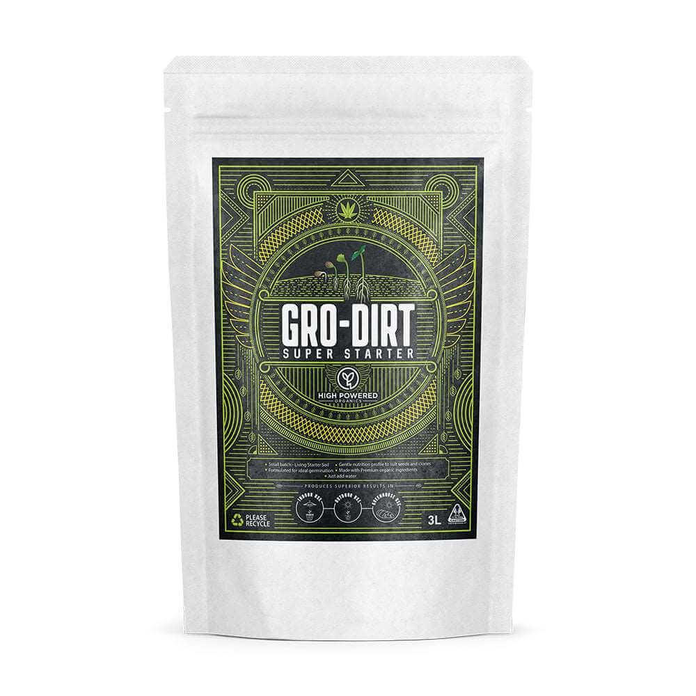 A 3L bag of GRO-DIRT Super Starter on a white background.